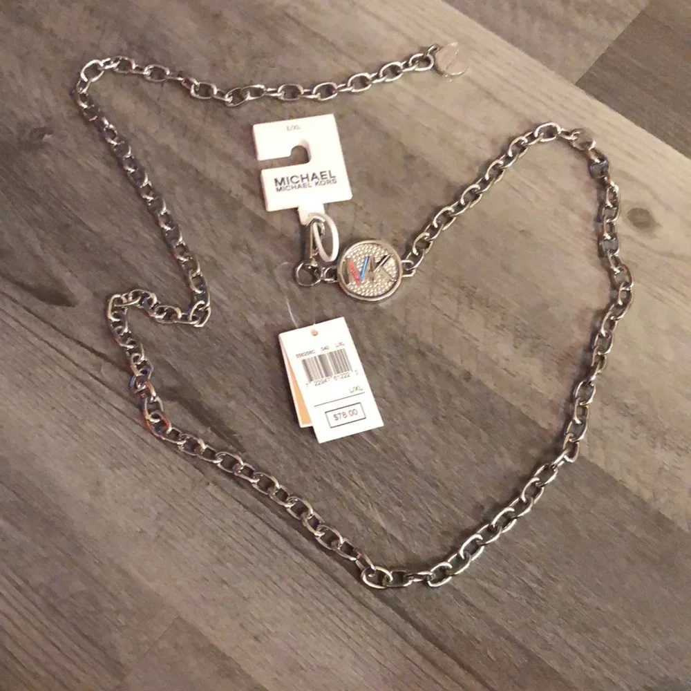 Michael Kors Silver Tone Chain Link Belt With Round Pave MK Logo Size L/XL NWT - Picture 5 of 12